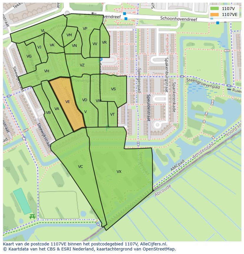 Afbeelding van het postcodegebied 1107 VE op de kaart.