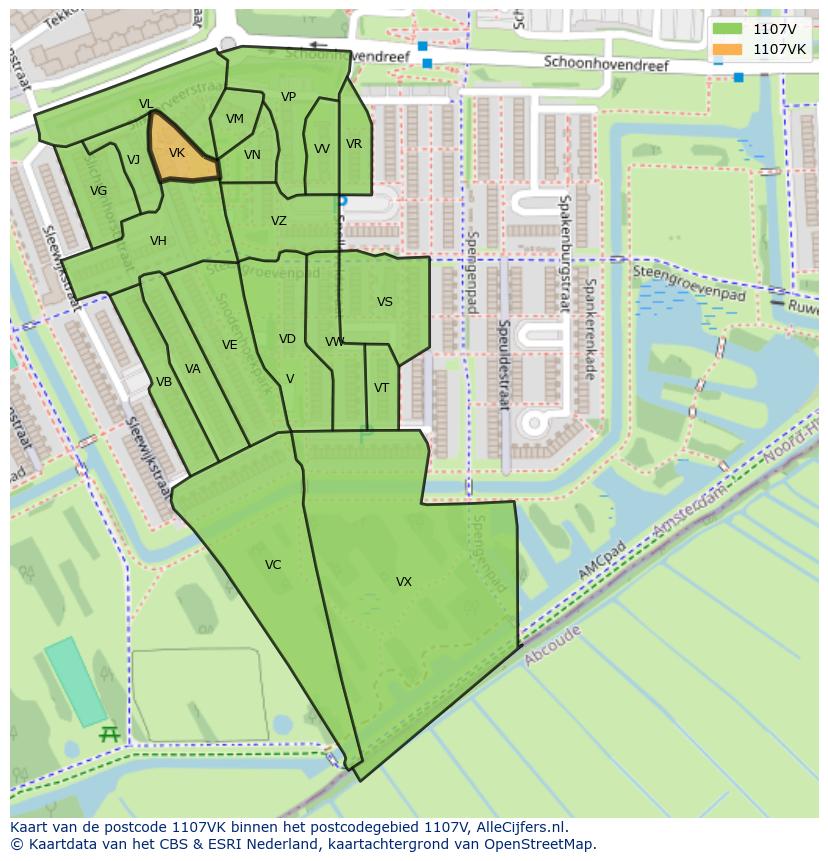 Afbeelding van het postcodegebied 1107 VK op de kaart.