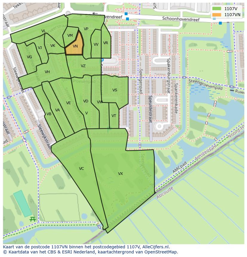 Afbeelding van het postcodegebied 1107 VN op de kaart.