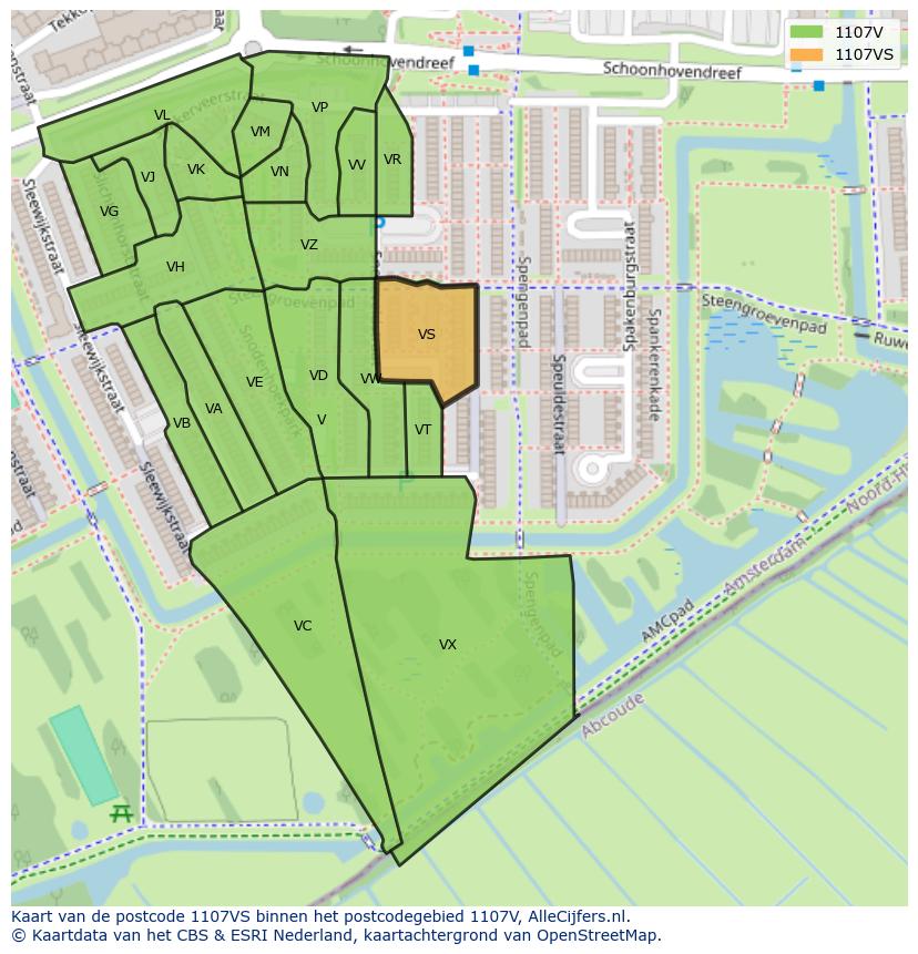 Afbeelding van het postcodegebied 1107 VS op de kaart.