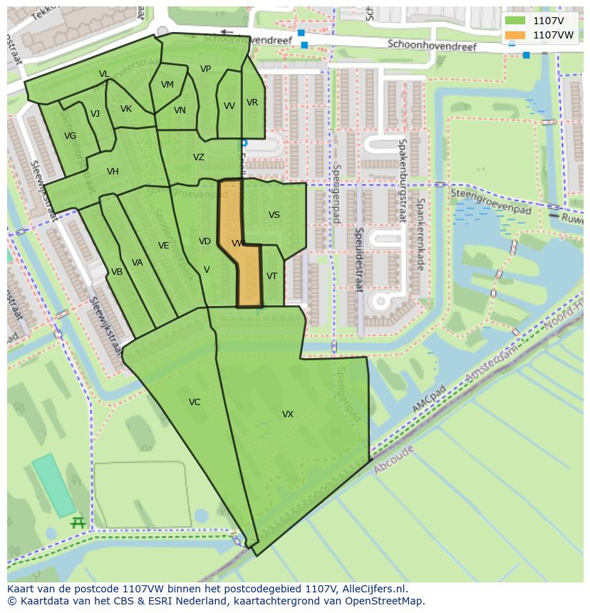 Afbeelding van het postcodegebied 1107 VW op de kaart.