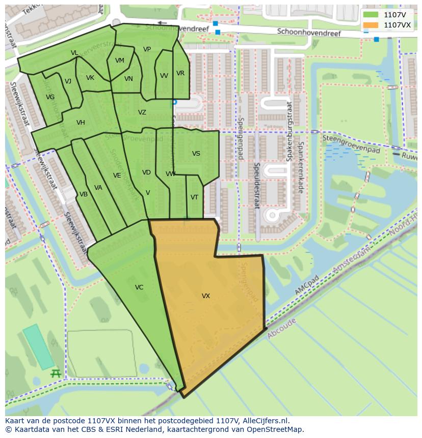 Afbeelding van het postcodegebied 1107 VX op de kaart.