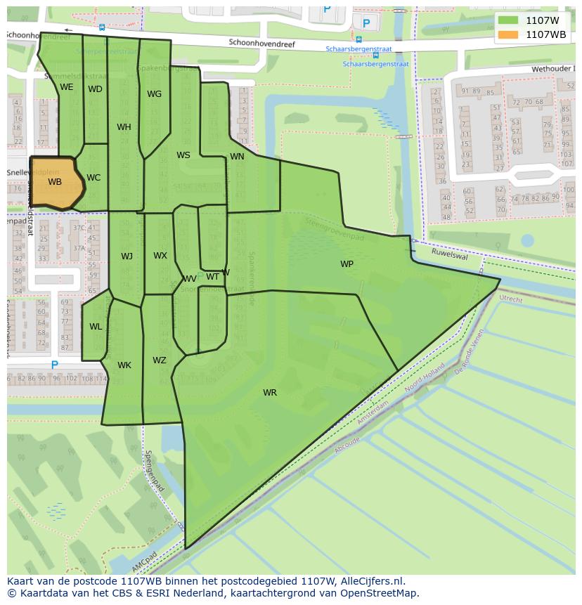 Afbeelding van het postcodegebied 1107 WB op de kaart.