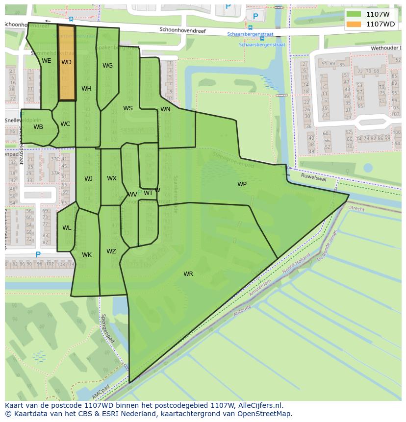 Afbeelding van het postcodegebied 1107 WD op de kaart.