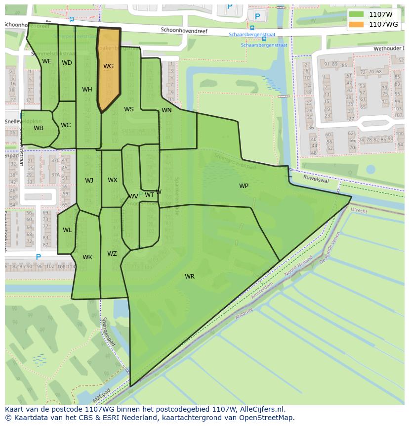 Afbeelding van het postcodegebied 1107 WG op de kaart.