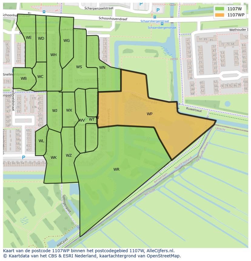 Afbeelding van het postcodegebied 1107 WP op de kaart.