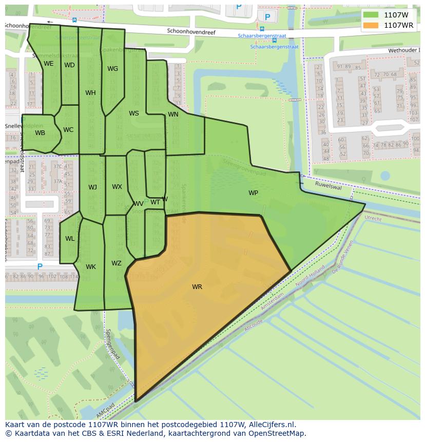 Afbeelding van het postcodegebied 1107 WR op de kaart.
