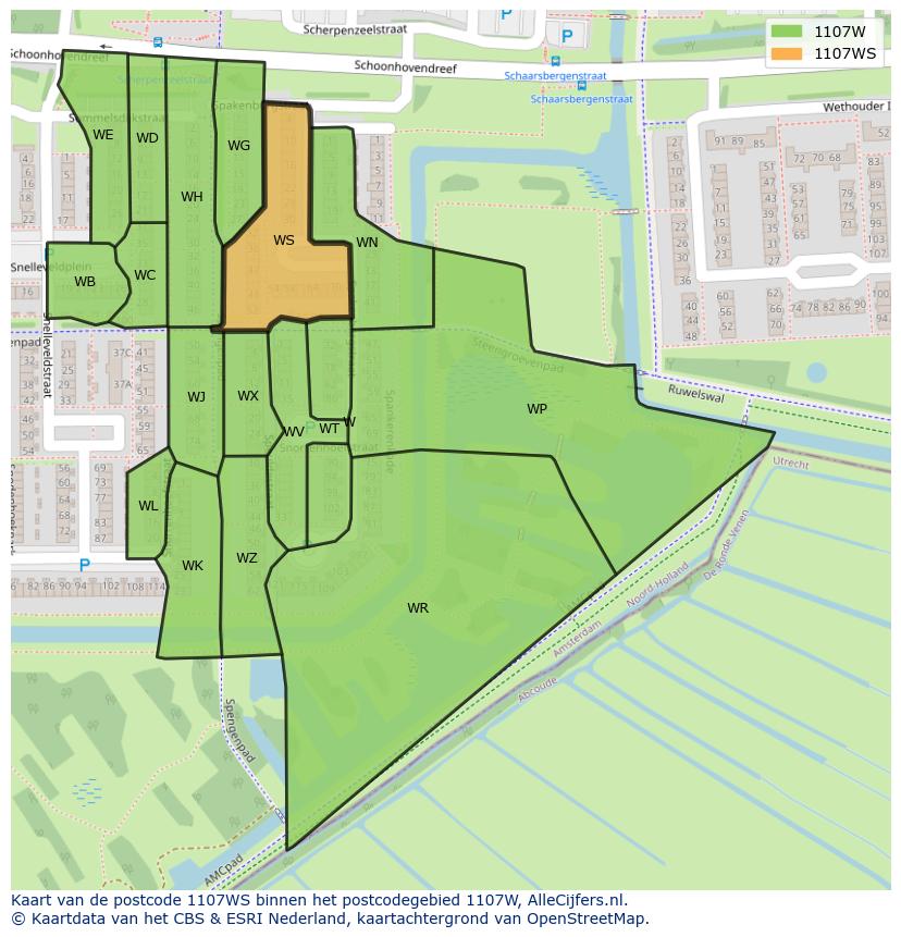 Afbeelding van het postcodegebied 1107 WS op de kaart.