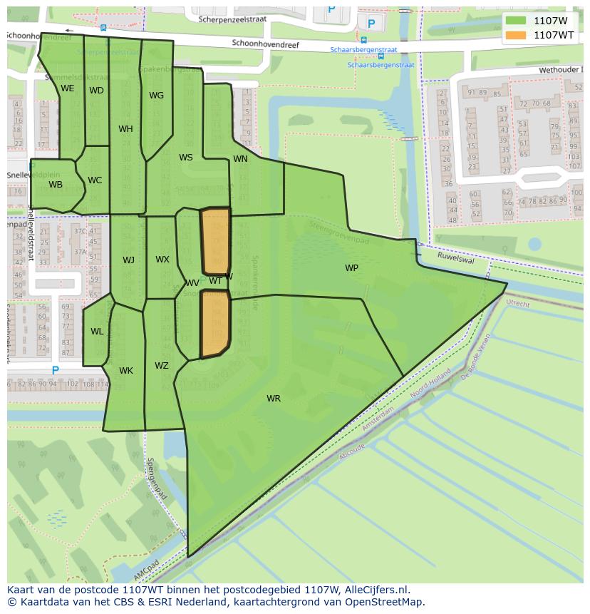 Afbeelding van het postcodegebied 1107 WT op de kaart.