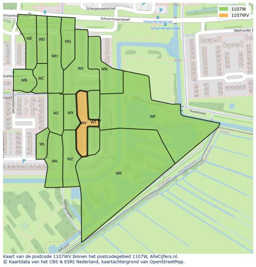 Afbeelding van het postcodegebied 1107 WV op de kaart.