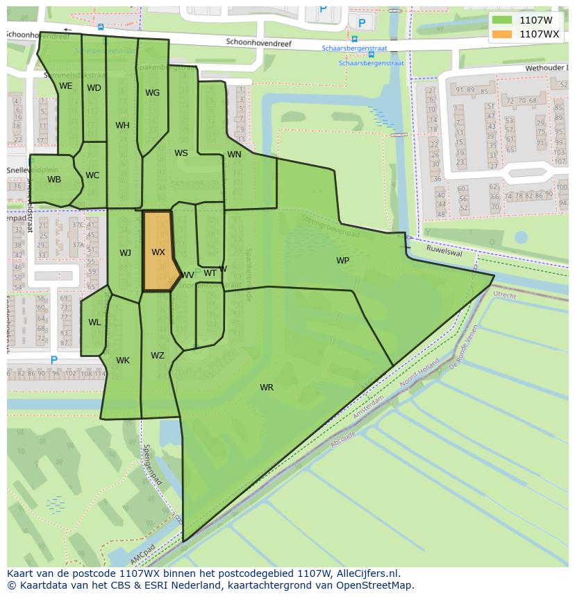 Afbeelding van het postcodegebied 1107 WX op de kaart.