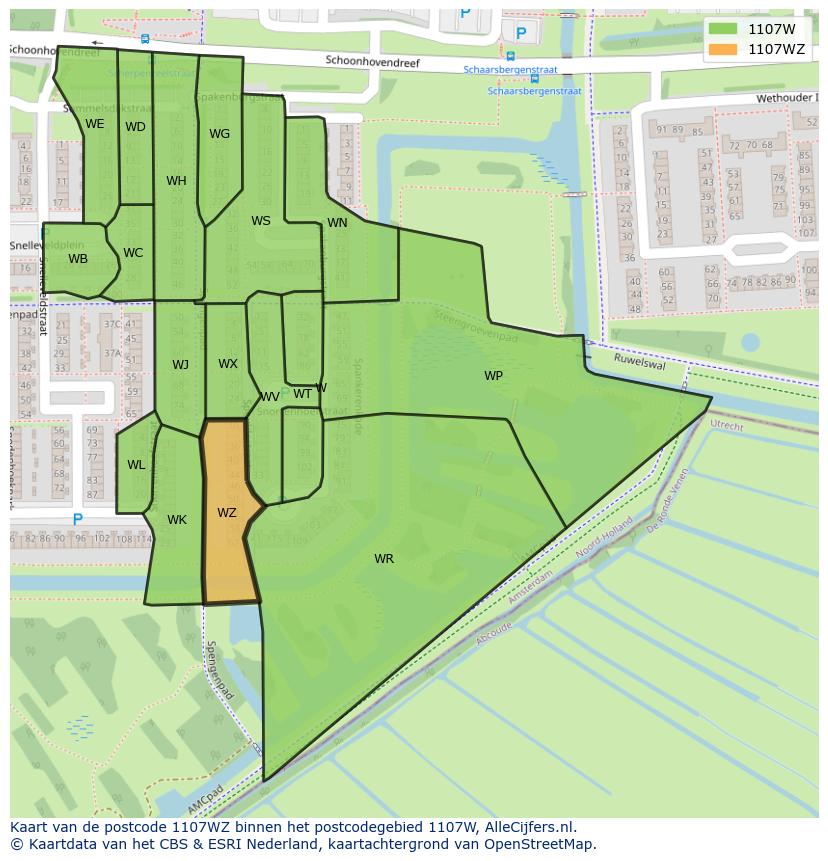 Afbeelding van het postcodegebied 1107 WZ op de kaart.