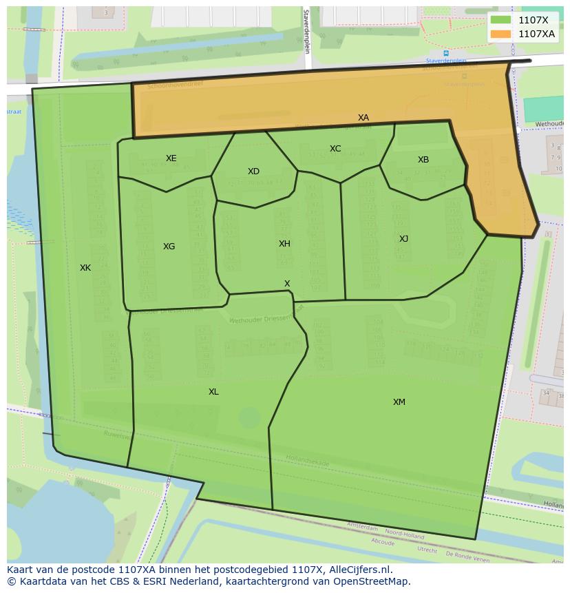 Afbeelding van het postcodegebied 1107 XA op de kaart.