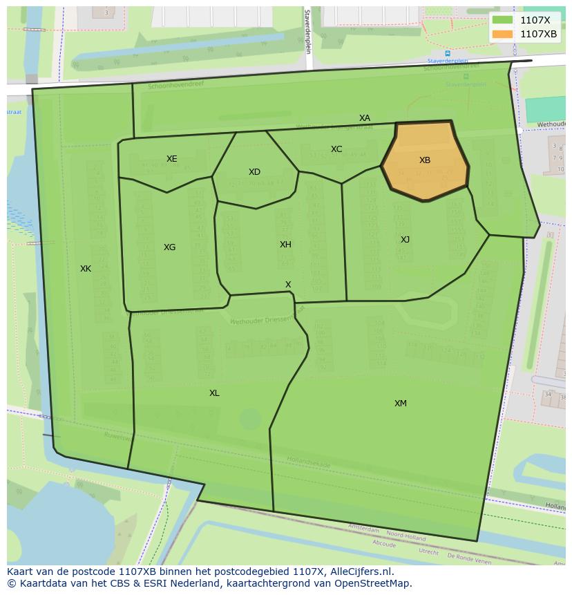 Afbeelding van het postcodegebied 1107 XB op de kaart.