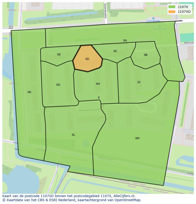 Afbeelding van het postcodegebied 1107 XD op de kaart.