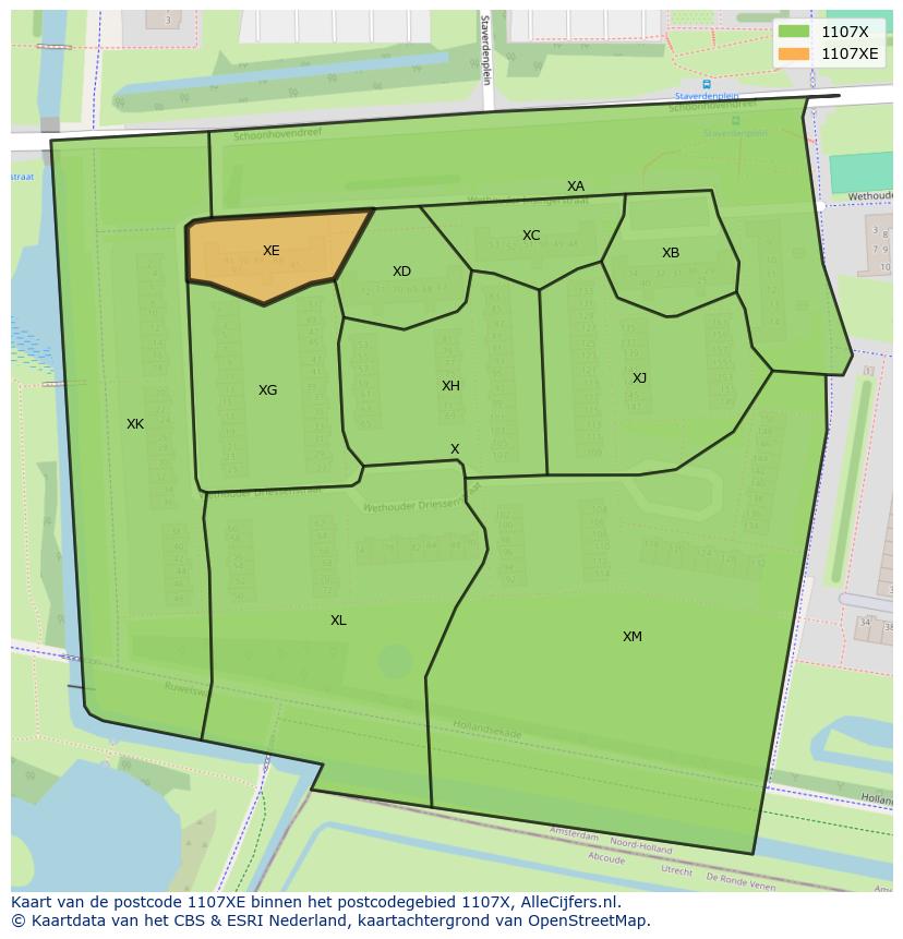 Afbeelding van het postcodegebied 1107 XE op de kaart.