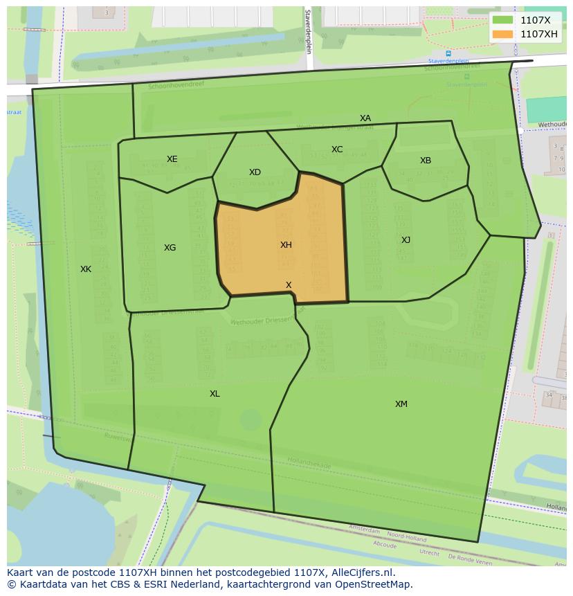 Afbeelding van het postcodegebied 1107 XH op de kaart.