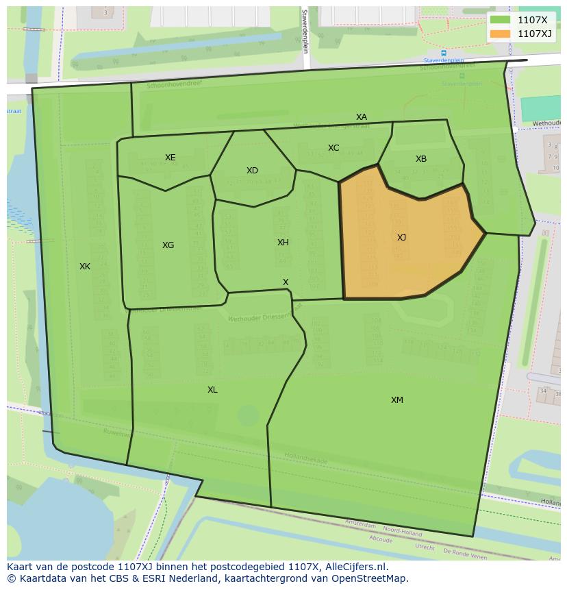 Afbeelding van het postcodegebied 1107 XJ op de kaart.