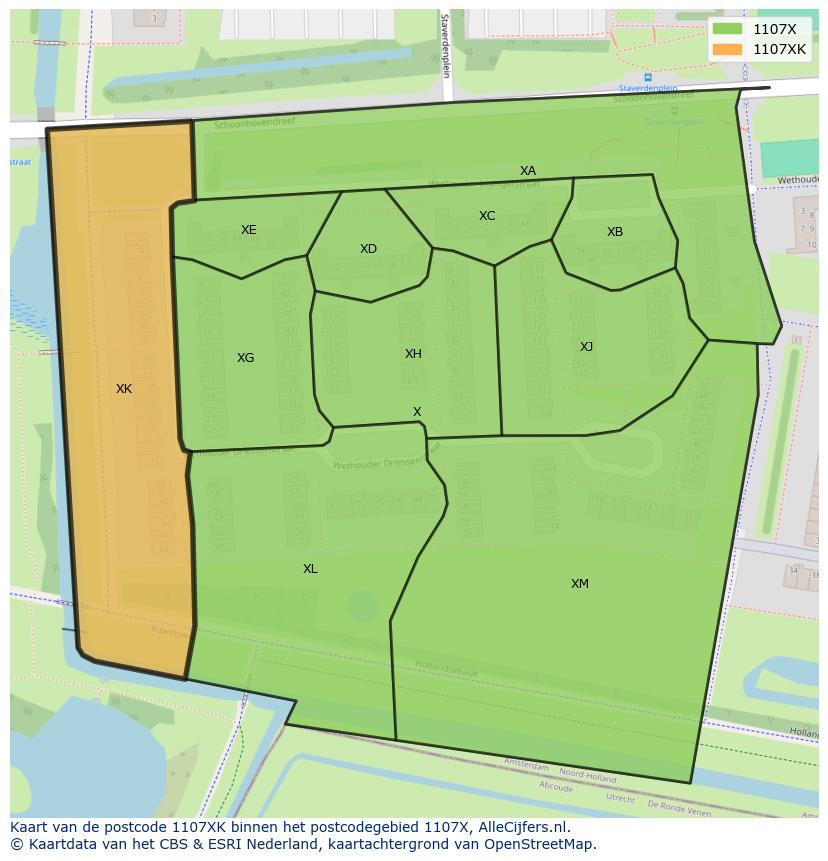Afbeelding van het postcodegebied 1107 XK op de kaart.