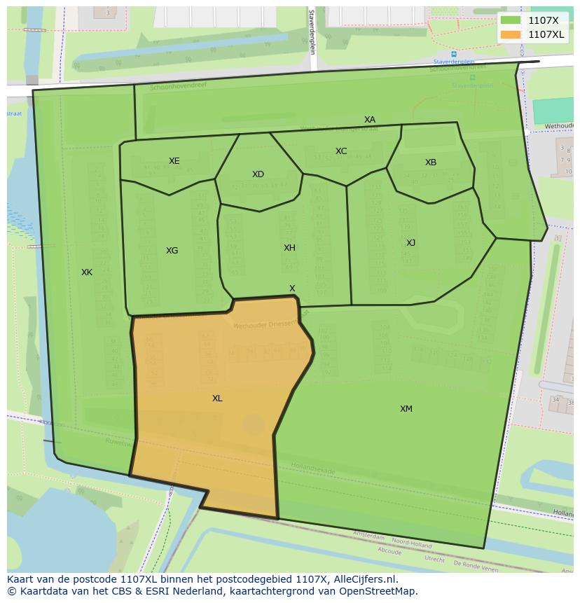 Afbeelding van het postcodegebied 1107 XL op de kaart.
