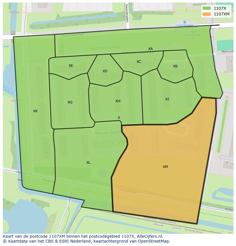 Afbeelding van het postcodegebied 1107 XM op de kaart.