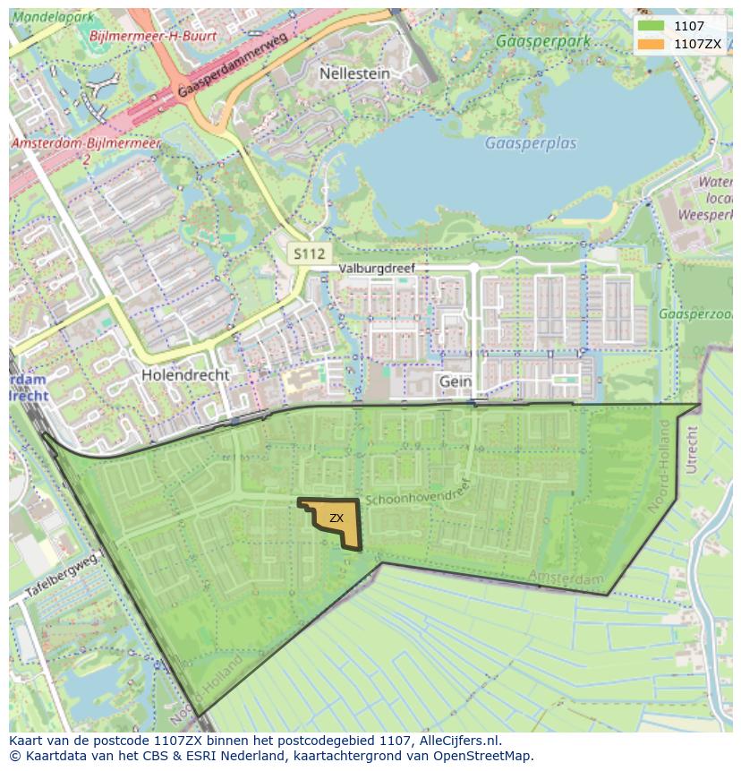 Afbeelding van het postcodegebied 1107 ZX op de kaart.
