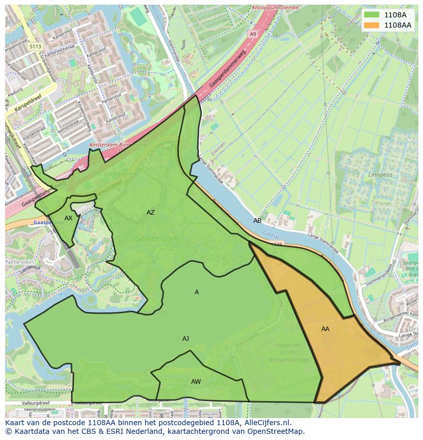 Afbeelding van het postcodegebied 1108 AA op de kaart.