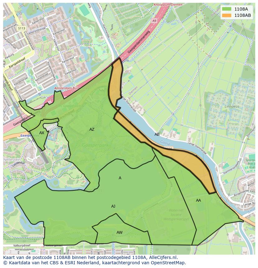 Afbeelding van het postcodegebied 1108 AB op de kaart.