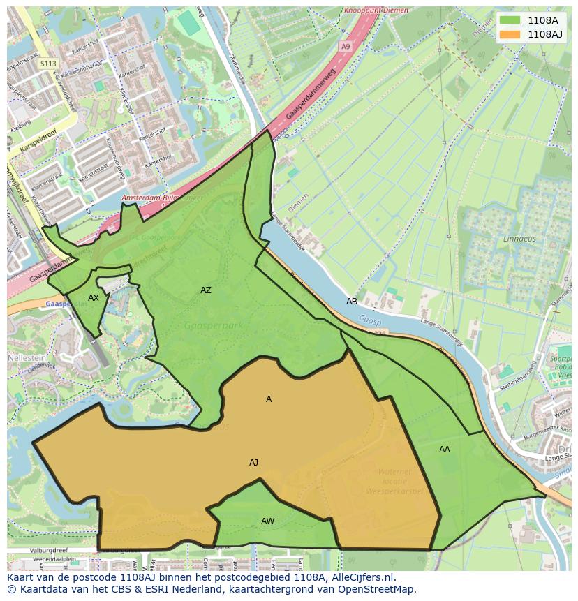 Afbeelding van het postcodegebied 1108 AJ op de kaart.