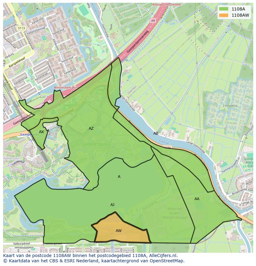 Afbeelding van het postcodegebied 1108 AW op de kaart.