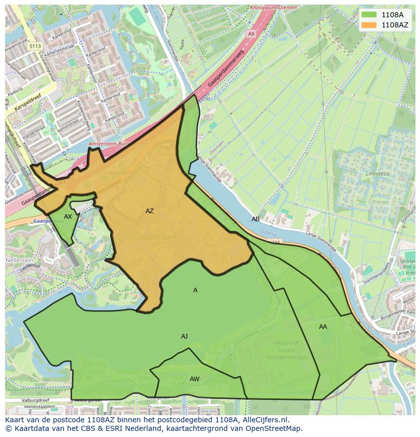 Afbeelding van het postcodegebied 1108 AZ op de kaart.