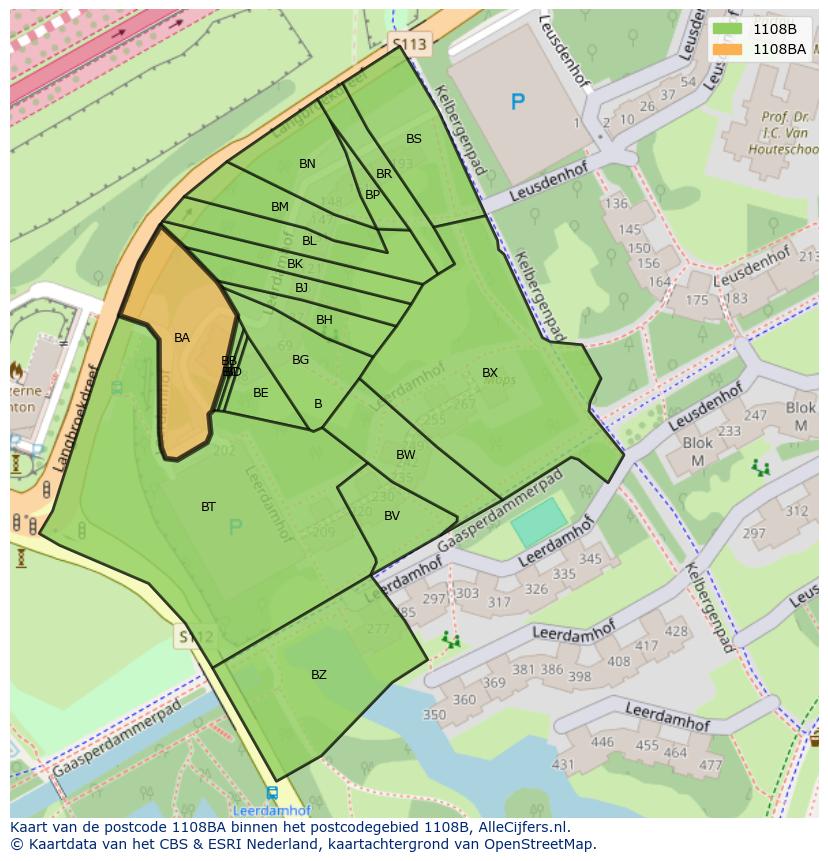 Afbeelding van het postcodegebied 1108 BA op de kaart.