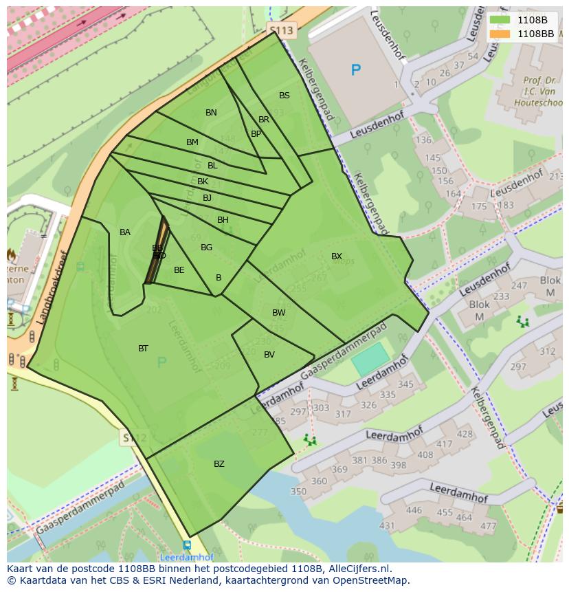 Afbeelding van het postcodegebied 1108 BB op de kaart.