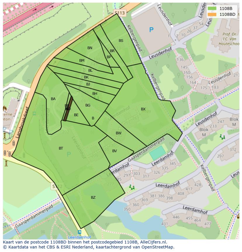 Afbeelding van het postcodegebied 1108 BD op de kaart.