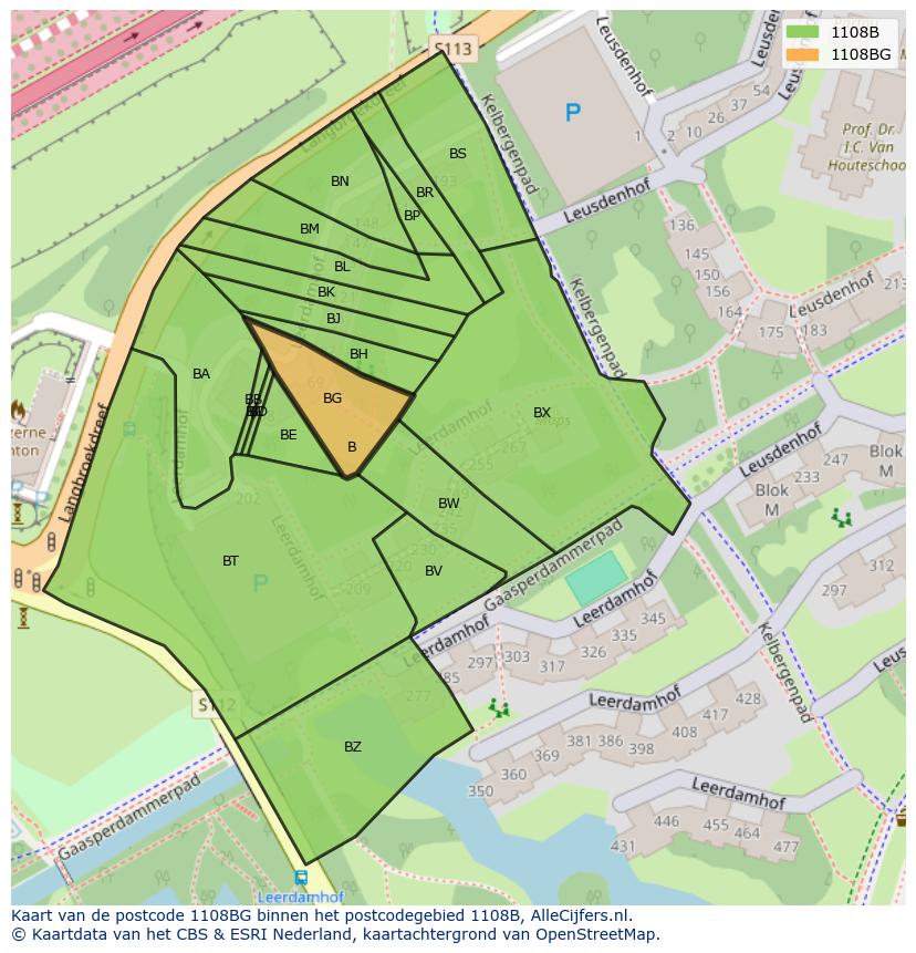 Afbeelding van het postcodegebied 1108 BG op de kaart.
