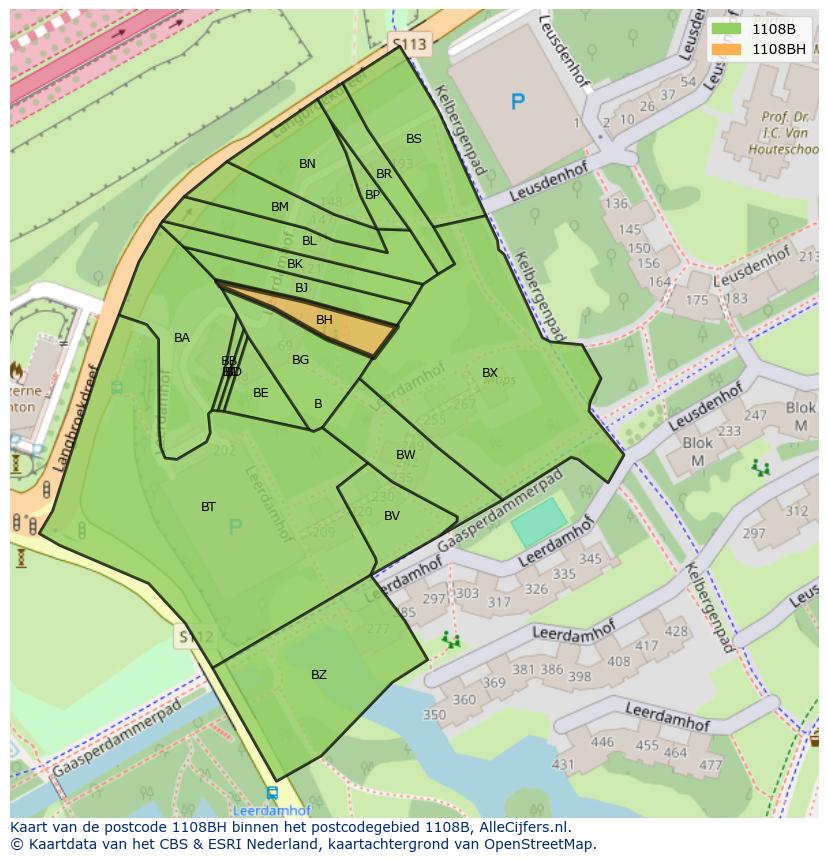 Afbeelding van het postcodegebied 1108 BH op de kaart.