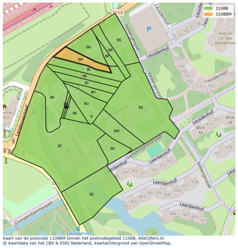 Afbeelding van het postcodegebied 1108 BM op de kaart.