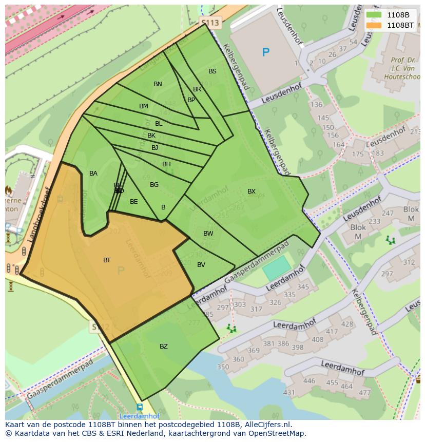Afbeelding van het postcodegebied 1108 BT op de kaart.