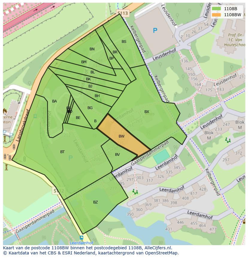 Afbeelding van het postcodegebied 1108 BW op de kaart.