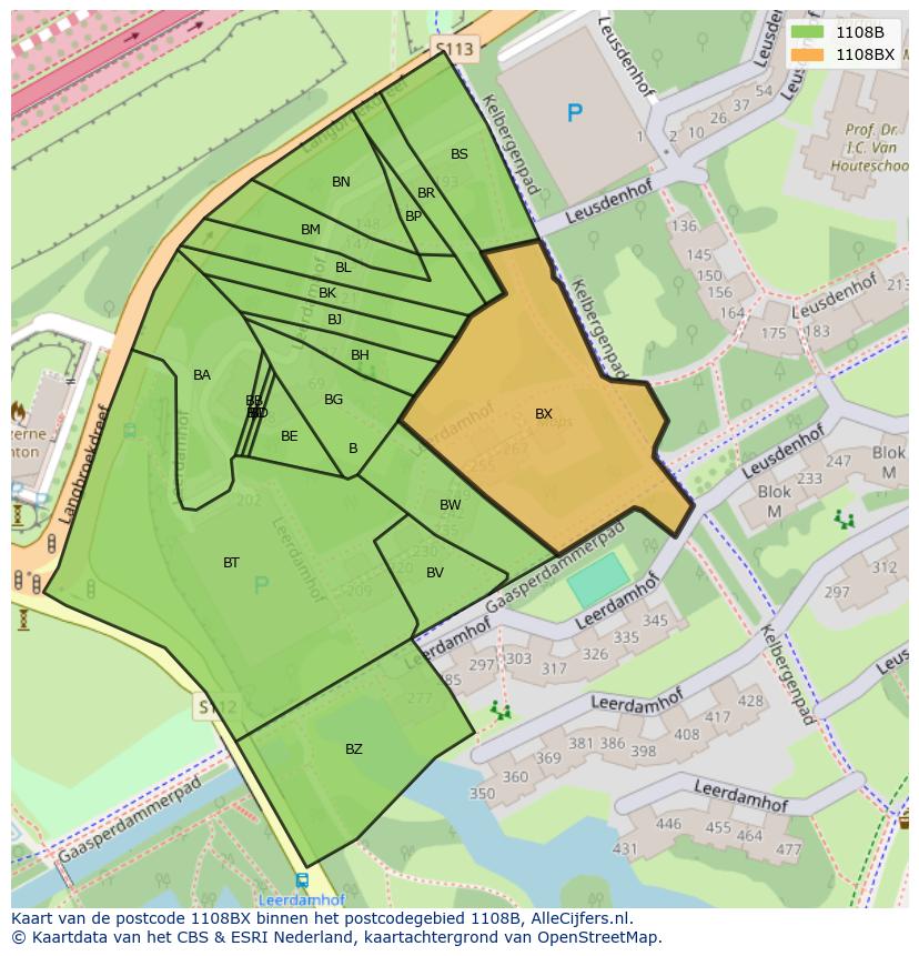 Afbeelding van het postcodegebied 1108 BX op de kaart.