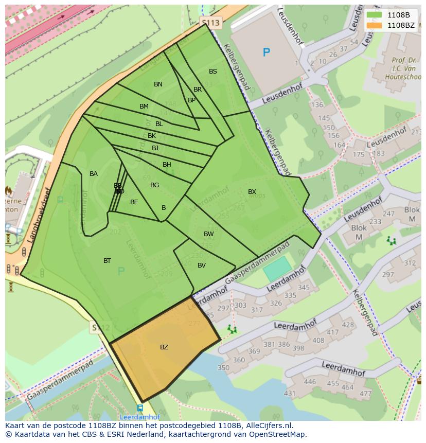Afbeelding van het postcodegebied 1108 BZ op de kaart.