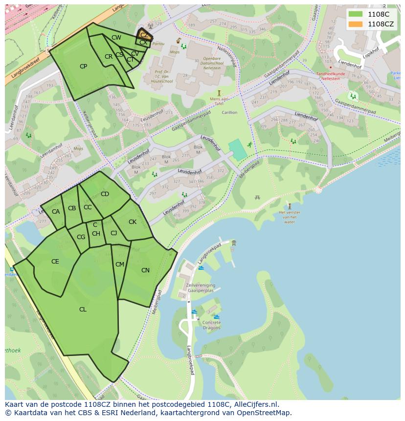 Afbeelding van het postcodegebied 1108 CZ op de kaart.