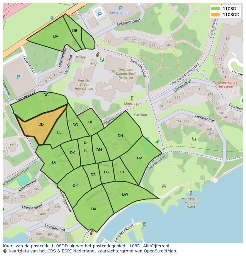 Afbeelding van het postcodegebied 1108 DD op de kaart.