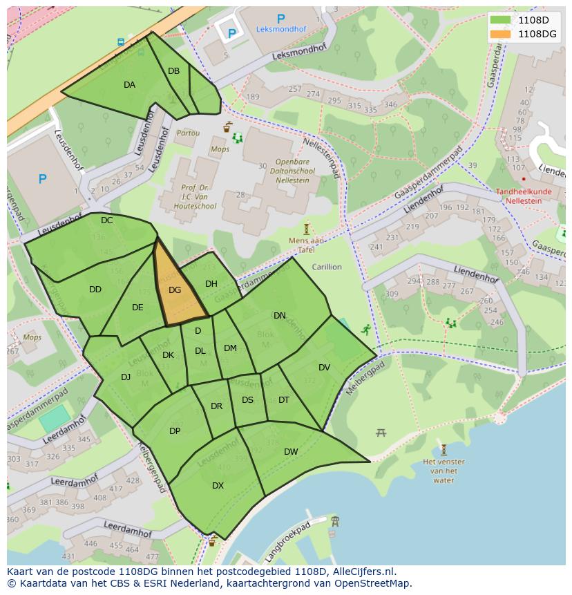 Afbeelding van het postcodegebied 1108 DG op de kaart.