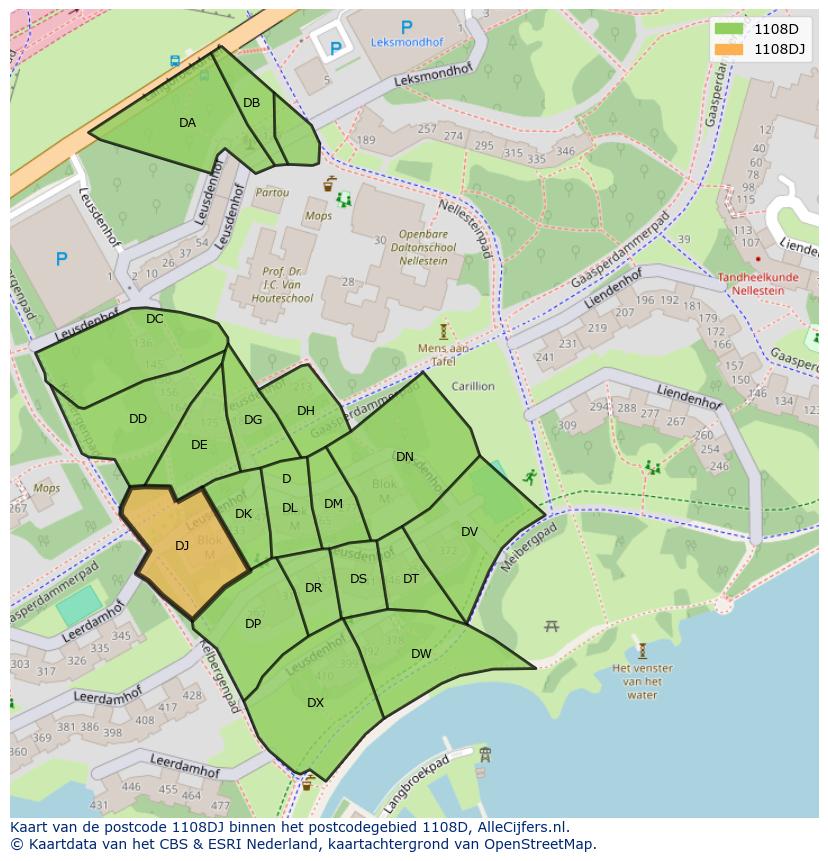 Afbeelding van het postcodegebied 1108 DJ op de kaart.