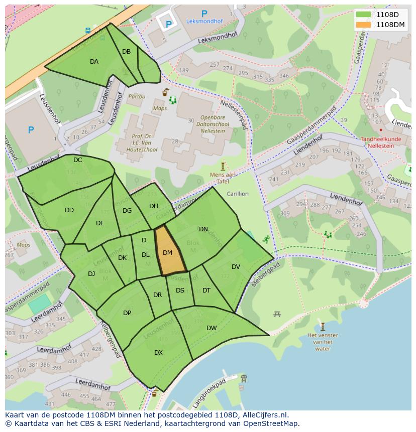 Afbeelding van het postcodegebied 1108 DM op de kaart.