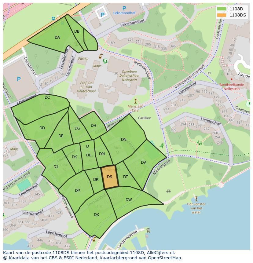 Afbeelding van het postcodegebied 1108 DS op de kaart.
