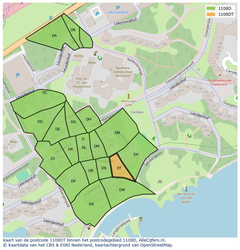 Afbeelding van het postcodegebied 1108 DT op de kaart.