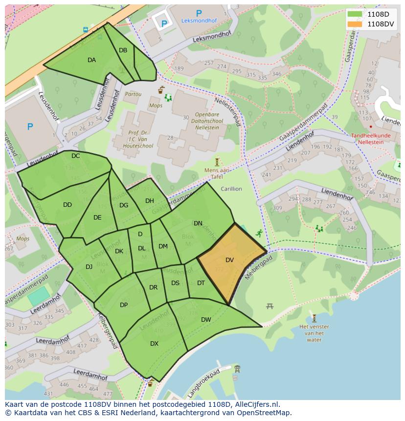 Afbeelding van het postcodegebied 1108 DV op de kaart.