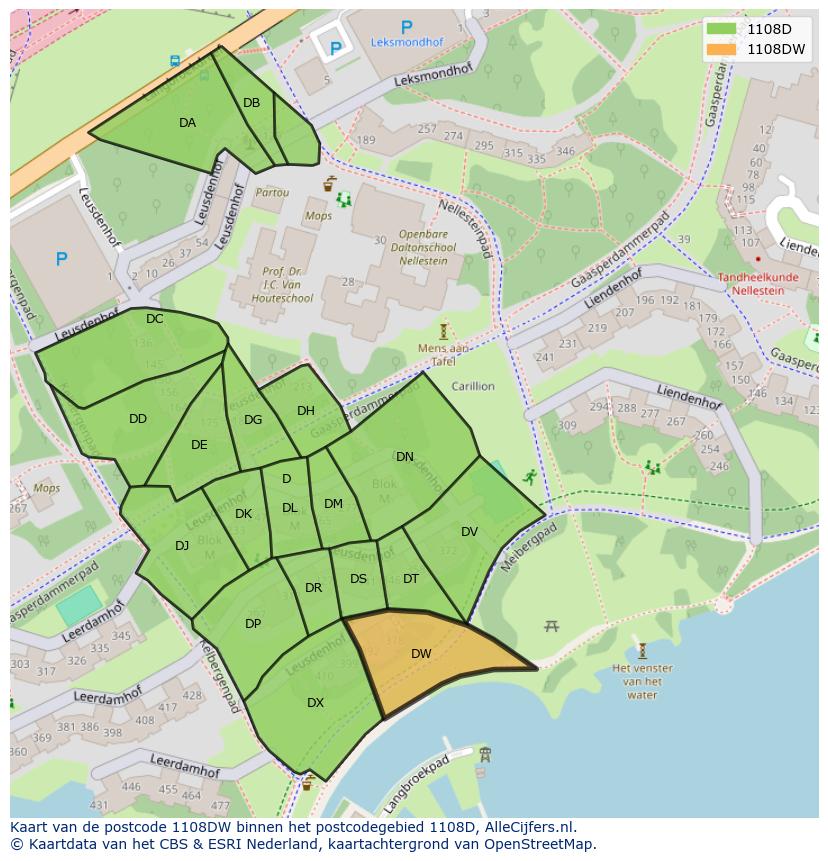 Afbeelding van het postcodegebied 1108 DW op de kaart.